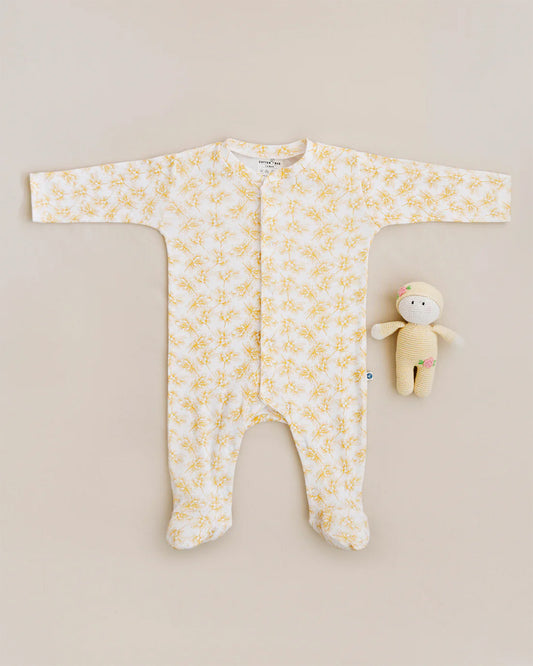 Cotton Bug White & Yellow Sleepsuit-Olive Print-100% Organic Cotton-For Infants