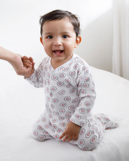 Cotton Bug White & Pink Sleepsuit-Heart Print-100% Organic Cotton-For Infants