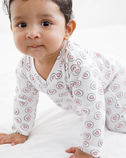 Cotton Bug White & Pink Sleepsuit-Heart Print-100% Organic Cotton-For Infants