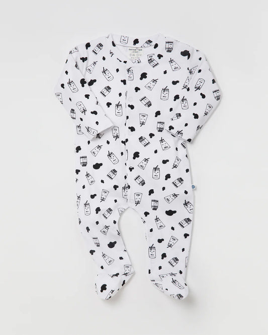 Cotton Bug White & Black Sleepsuit-Milk Bottle Print-100% Organic Cotton-For Infants