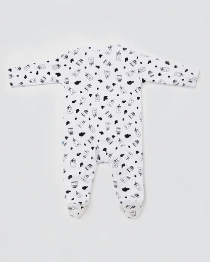 Cotton Bug White & Black Sleepsuit-Milk Bottle Print-100% Organic Cotton-For Infants