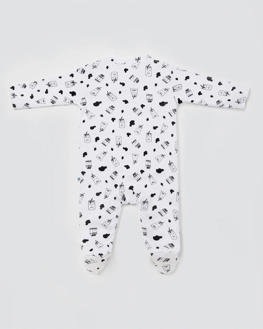 Cotton Bug White & Black Sleepsuit-Milk Bottle Print-100% Organic Cotton-For Infants