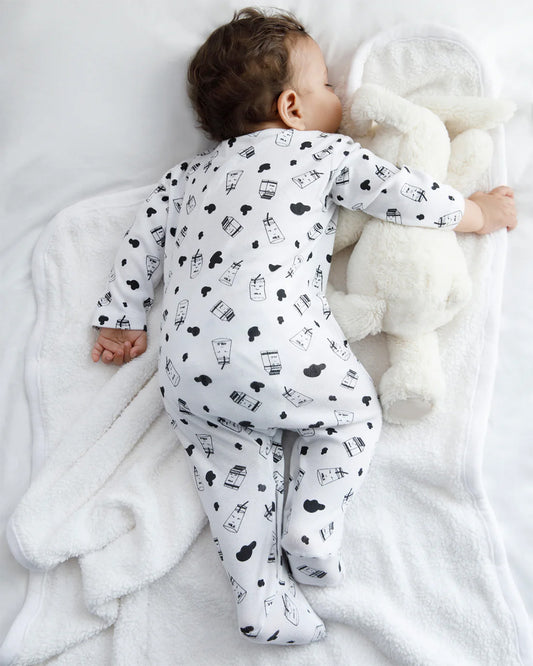 Cotton Bug White & Black Sleepsuit-Milk Bottle Print-100% Organic Cotton-For Infants