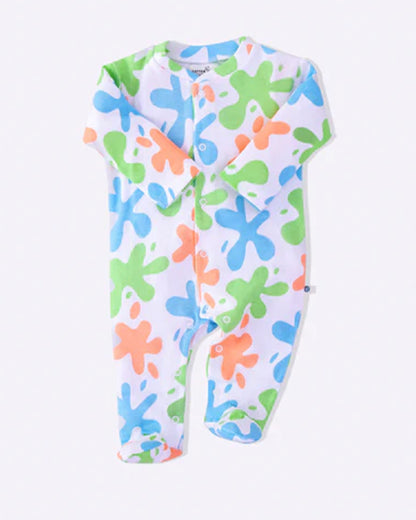 Cotton Bug White & Multicolor Sleepsuit-Art Splash Print-100% Organic Cotton-For Infants