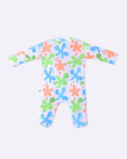 Cotton Bug White & Multicolor Sleepsuit-Art Splash Print-100% Organic Cotton-For Infants