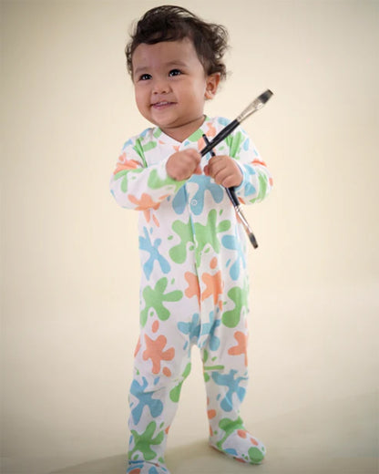 Cotton Bug White & Multicolor Sleepsuit-Art Splash Print-100% Organic Cotton-For Infants