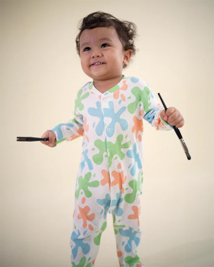 Cotton Bug White & Multicolor Sleepsuit-Art Splash Print-100% Organic Cotton-For Infants