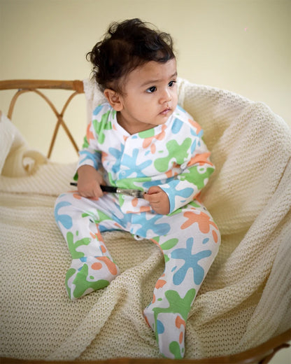 Cotton Bug White & Multicolor Sleepsuit-Art Splash Print-100% Organic Cotton-For Infants