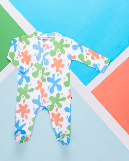 Cotton Bug White & Multicolor Sleepsuit-Art Splash Print-100% Organic Cotton-For Infants