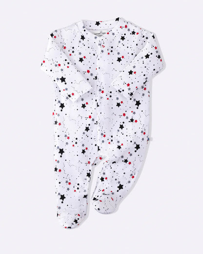 Cotton Bug White & Multicolor Sleepsuit-Star Print-100% Organic Cotton-For Infants