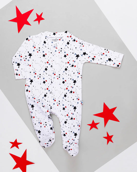 Cotton Bug White & Multicolor Sleepsuit-Star Print-100% Organic Cotton-For Infants