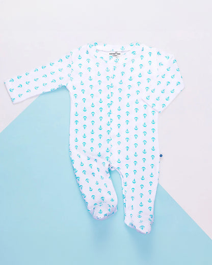 Cotton Bug White & Blue Sleepsuits with Bibs & Caps-Organic Cotton-Anchor-For Infants