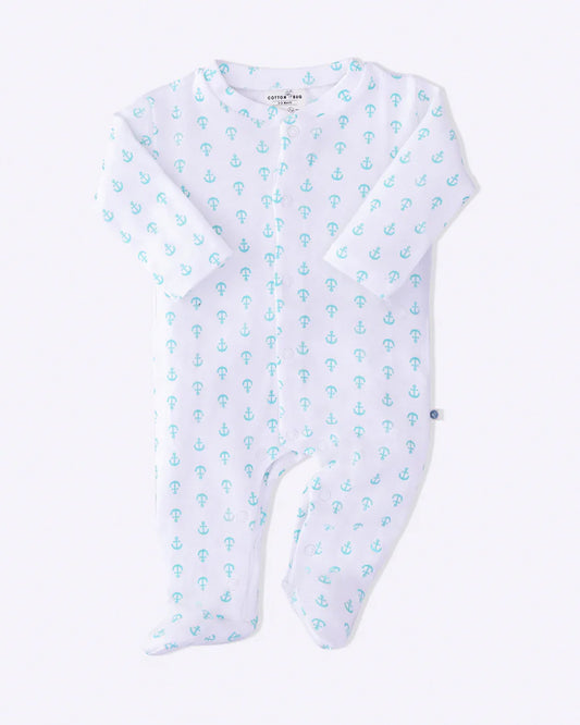 Cotton Bug White & Blue Sleepsuit-Anchor Print-100% Organic Cotton-For Infants