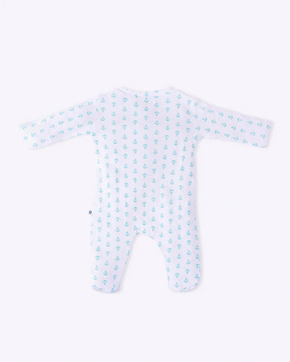 Cotton Bug White & Blue Sleepsuit-Anchor Print-100% Organic Cotton-For Infants