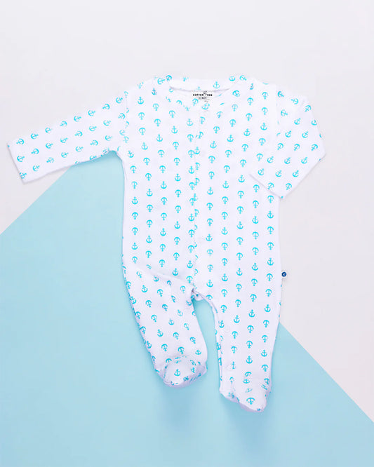 Cotton Bug White & Blue Sleepsuit-Anchor Print-100% Organic Cotton-For Infants