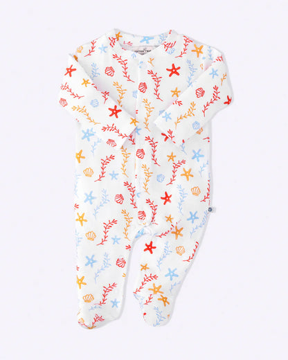 Cotton Bug White & Multicolor Sleepsuit-Sea World Print-100% Organic Cotton-For Infants