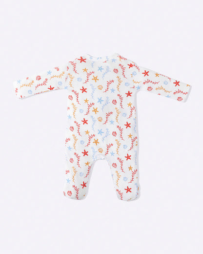 Cotton Bug White & Multicolor Sleepsuit-Sea World Print-100% Organic Cotton-For Infants