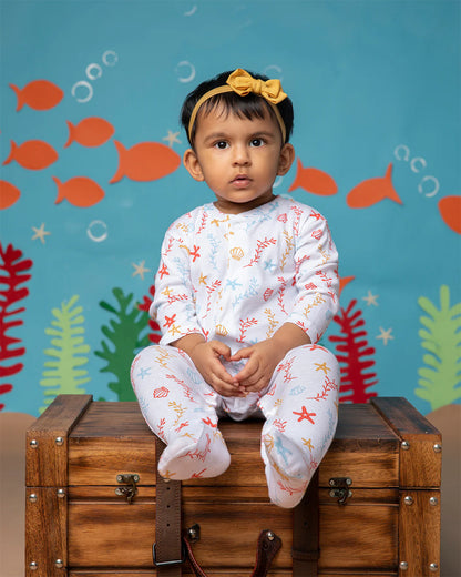 Cotton Bug White & Multicolor Sleepsuit-Sea World Print-100% Organic Cotton-For Infants