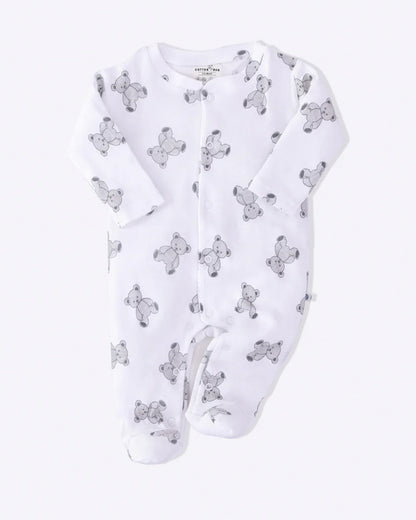 Cotton Bug White & Light Grey Sleepsuit-Teddy Print-100% Organic Cotton-For Infants