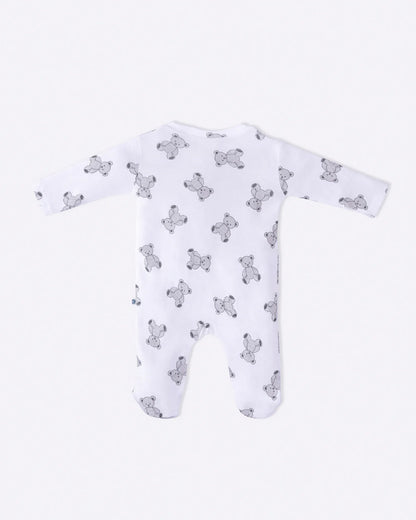 Cotton Bug White & Light Grey Sleepsuit-Teddy Print-100% Organic Cotton-For Infants