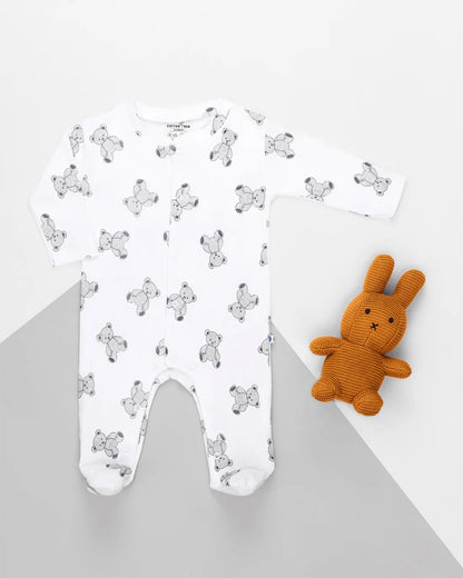 Cotton Bug White & Light Grey Sleepsuit-Teddy Print-100% Organic Cotton-For Infants