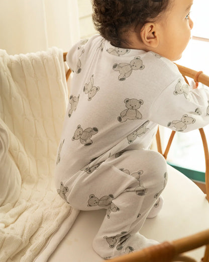 Cotton Bug White & Light Grey Sleepsuit-Teddy Print-100% Organic Cotton-For Infants