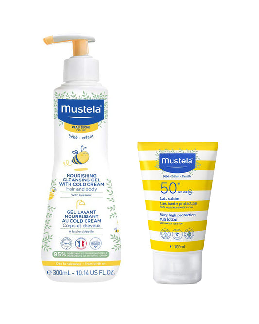 Mustela Nourishing Cleansing Gel With Cold Cream (300 ml) & High Protection SPF 50+ Baby Sunscreen (100 ml)