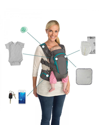 Infantino Carry On Multi-Pocket Baby Carrier-With 4 Carrying Positions & 6 Pockets-Breathable Mesh Panel For Air Circulation-6 Months Warranty-For 0 to 3Y (3.5 to 18Kg)-Grey & Black