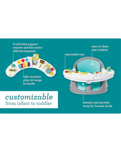 Infantino Music & Light 3-in-1 Discovery Seat & Booster-Interactive Play, Snack Time, and Secure Booster-Features Light Up Piano with 20 Songs, 6 Engaging Activities, and Wipeable Seat Cushion-Supports Sensory and Fine Motor Skills-6 to 36M-Teal & Grey