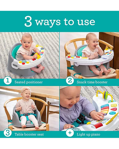 Infantino Music & Light 3-in-1 Discovery Seat & Booster-Interactive Play, Snack Time, and Secure Booster-Features Light Up Piano with 20 Songs, 6 Engaging Activities, and Wipeable Seat Cushion-Supports Sensory and Fine Motor Skills-6 to 36M-Teal & Grey