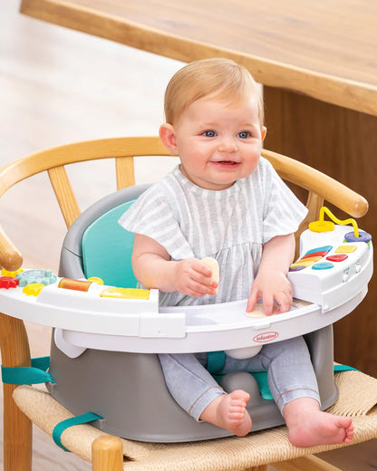 Infantino Music & Light 3-in-1 Discovery Seat & Booster-Interactive Play, Snack Time, and Secure Booster-Features Light Up Piano with 20 Songs, 6 Engaging Activities, and Wipeable Seat Cushion-Supports Sensory and Fine Motor Skills-6 to 36M-Teal & Grey