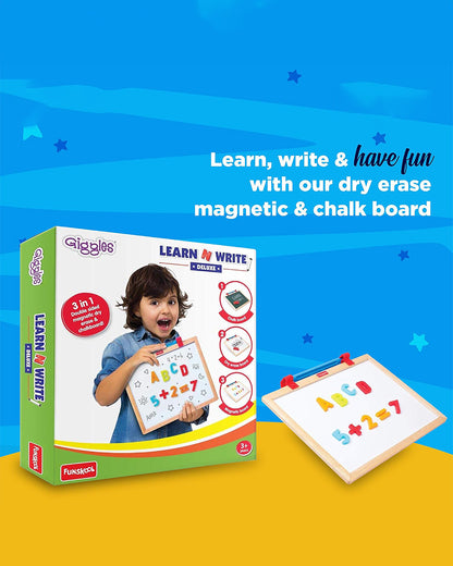 Funskool Giggles Learn N Write Deluxe 3 In 1 Magnetic Easel Board-Chalkboard & Whiteboard-Art & Craft Kit-18M+