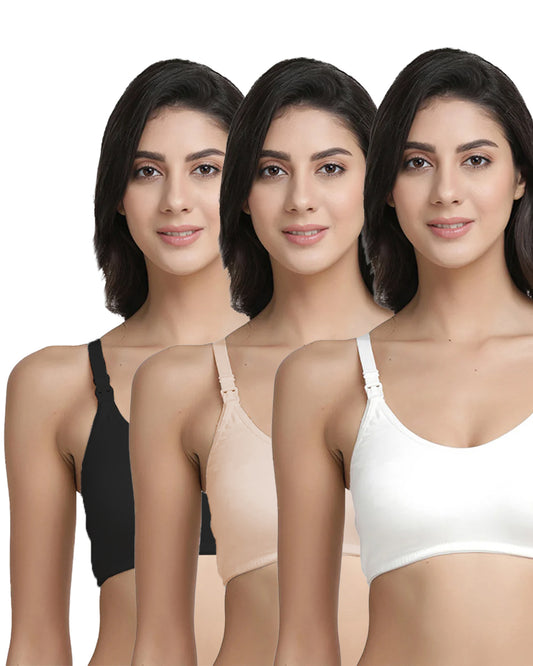 Inner Sense Feeding Bras-Neutral Combo Set-Black, White & Skin-Wire Free & Non Padded-Front Clasps-Full Coverage-Pack of 3