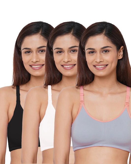 Inner Sense Feeding Bras-Neutral Combo Set-Black, White & Lavender-Wire Free & Non Padded-Front Clasps-Full Coverage-Pack of 3