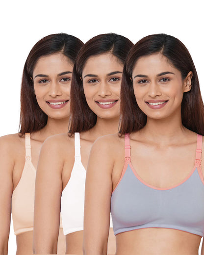 Inner Sense Feeding Bras-Basic Combo Set-White, Skin & Lavender-Wire Free & Non Padded-Front Clasps-Full Coverage-Pack of 3