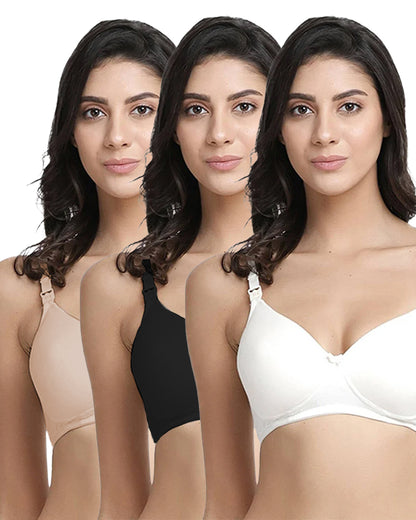Inner Sense Feeding Bras-Neutral Combo Set-Black & White-Wire Free & Padded-Front Clasps-Full Coverage-Pack of 3