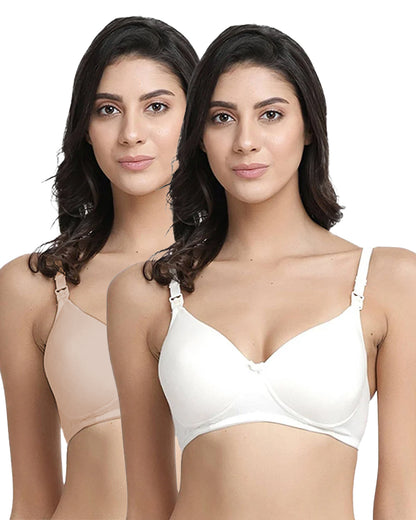 Inner Sense Feeding Bras-Classic Combo Set-White & Skin-Wire Free & Padded-Front Clasps-Full Coverage-Pack of 2