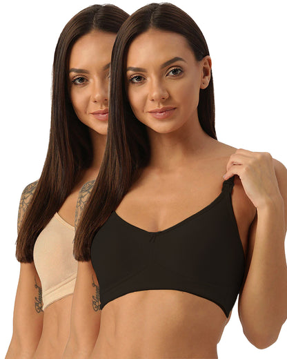 Inner Sense Organic Cotton Nursing Bras-Basic Combo Set-Black & Skin-Removable Pads-Wire Free & Full Coverage-Pack of 2
