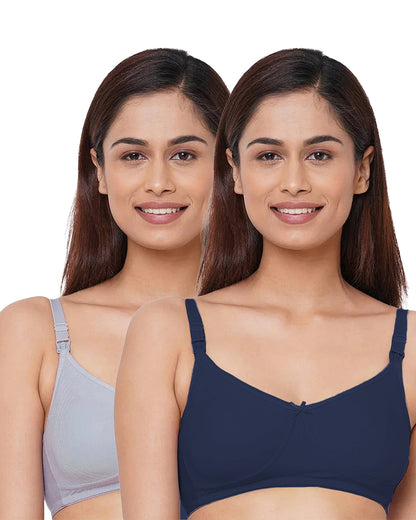 Inner Sense Organic Cotton Nursing Bras Combo Set-Navy Blue & Lavender-Wire Free & Non Padded-Front Clasps & Full Coverage-Pack of 2