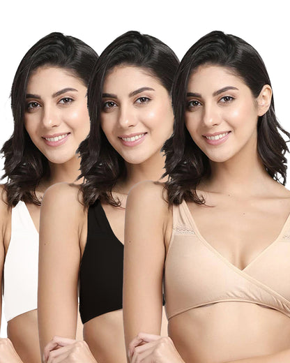 Inner Sense Organic Cotton Sleeping Bras-Neutral Combo Set-Black, White & Skin-Wire Free & High Coverage-Anti Fungal & Anti Odour-Pack of 3