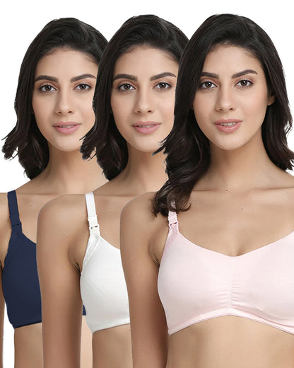 Inner Sense Organic Cotton Feeding Bra Combo Set-Pink, Navy Blue & White-Free & Full Coverage-With Removable Pads-Front Clasps-Pack of 3
