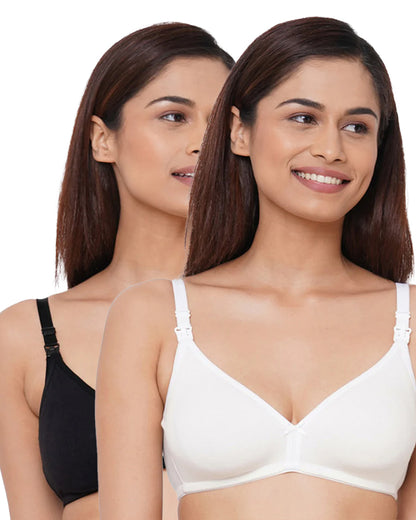 Inner Sense Organic Cotton Feeding Bra Combo Set-Black & White-Wire Free & Non Padded-Front Clasps-3/4th Coverage-Pack of 2