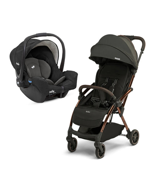 Leclerc Influencer Lightweight Baby Stroller & Joie Gemm Car Seat Travel System-Stroller: (Cabin Friendly, One Touch Fold, For 6M to 5Y)-Car Seat: (Airline Certified, Side Impact Protection, Upto 13 Kg)-Includes Car Seat Adapters-Black Brown & Shale