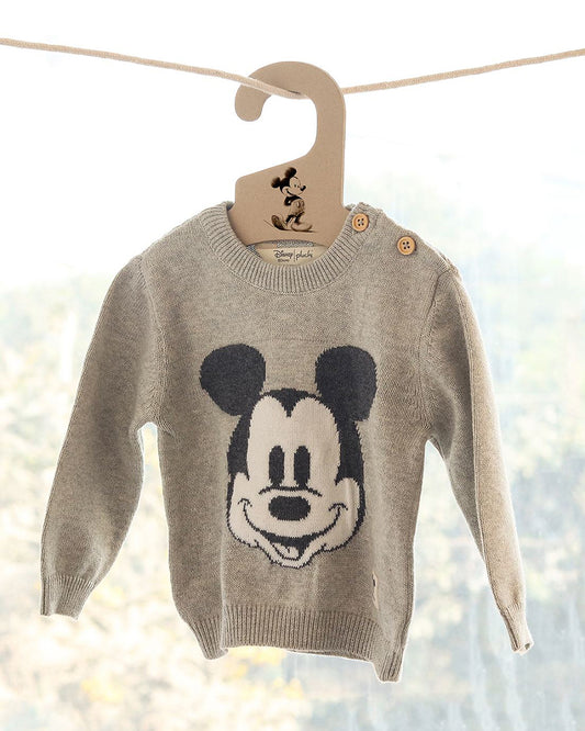 Pluchi Melange Grey Winter Wear Sweater-100% Cotton Knit-Mickey Mouse-For Infants