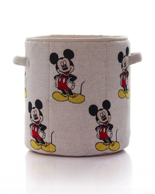 Pluchi I love Mickey Mouse Laundry Basket-With Handles-Cotton Knitted Large Basket for Clothes & Toys-Vanilla Grey Melange