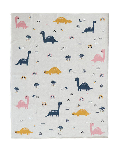 Pluchi Dino World Knitted Toddler Blanket-100% Cotton-Natural & Multicolor-For Toddler