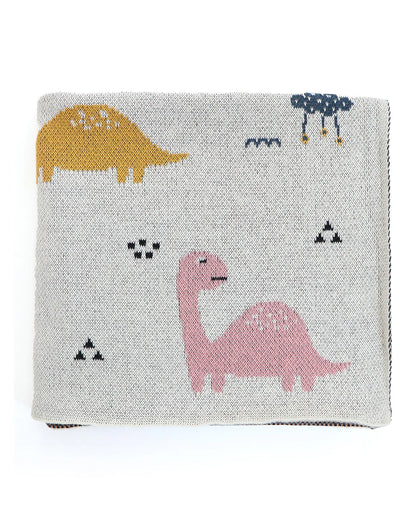 Pluchi Dino World Knitted Toddler Blanket-100% Cotton-Natural & Multicolor-For Toddler