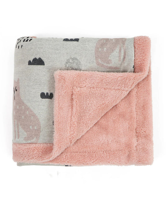 Pluchi Woodland Knitted Baby Blanket-Combed Cotton Blanket with Faux Fur Back-Pink Pearl-For Infants