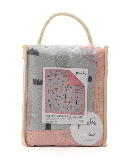 Pluchi Woodland Knitted Baby Blanket-Combed Cotton Blanket with Faux Fur Back-Pink Pearl-For Infants