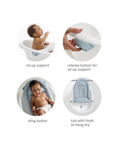 Skip Hop Wave 4 in 1 Baby Bath Tub-With Sling Bather & Sit-Up Support Insert-0 to 24M-Blue & White